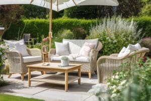 Charming,Serene,Garden,Patio,With,Cozy,Outdoor,Furniture,,Accent,Pillows